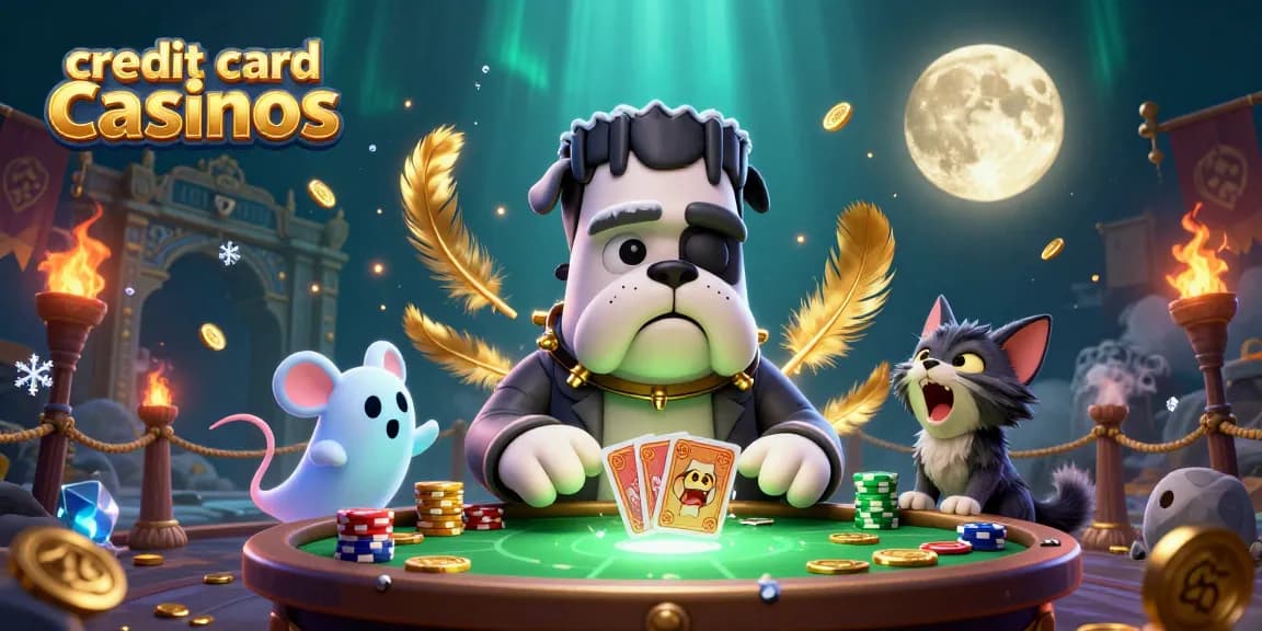 Engage with credit card casinos as a playful Frankenstein bulldog deals cards at a spooky table.
