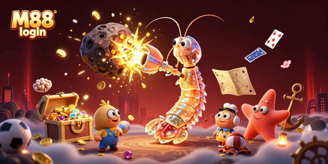 M88 login to access a vibrant casino adventure featuring a galactic mantis shrimp amidst gold coins and sports elements.