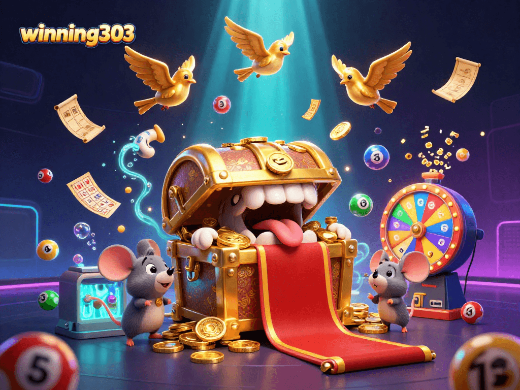Winning303 showcases a vibrant casino scene with a golden treasure chest and lottery elements, inviting players to riches.