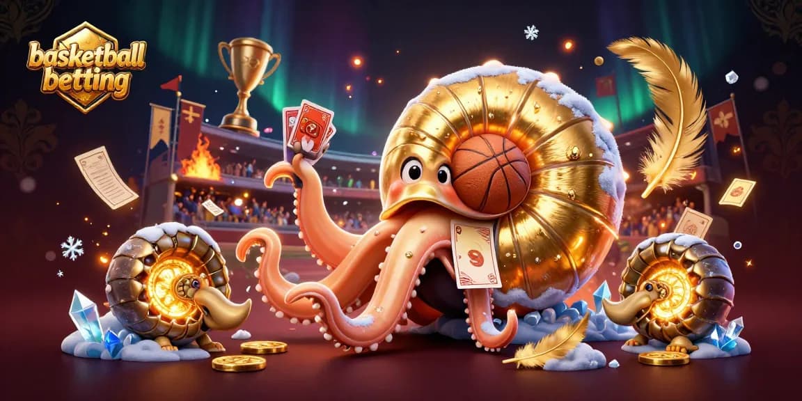 Bask in the excitement of basketball betting with a dynamic nautilus character and glowing companions.