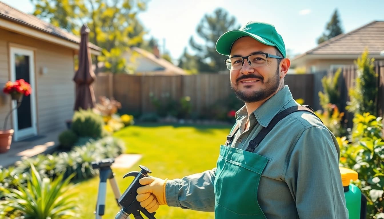 Affordable bug exterminator near me working in a professional garden setting.