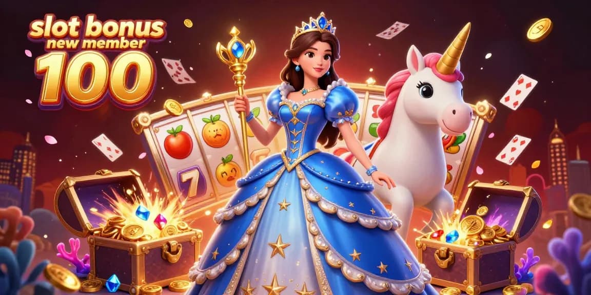 Engage with slot bonus new member 100 excitement as vibrant slot reels spin by a whimsical unicorn in a vibrant casino scene.