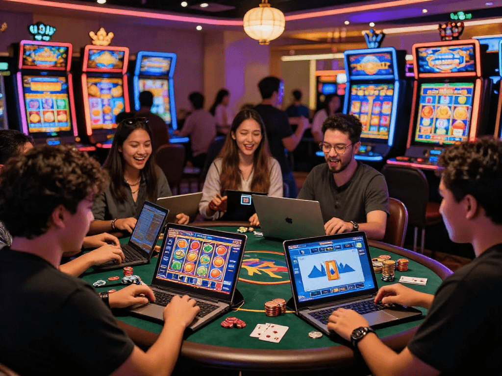 Exciting virtual gaming scene featuring diverse players enjoying bandar slot gacor experiences on digital devices.