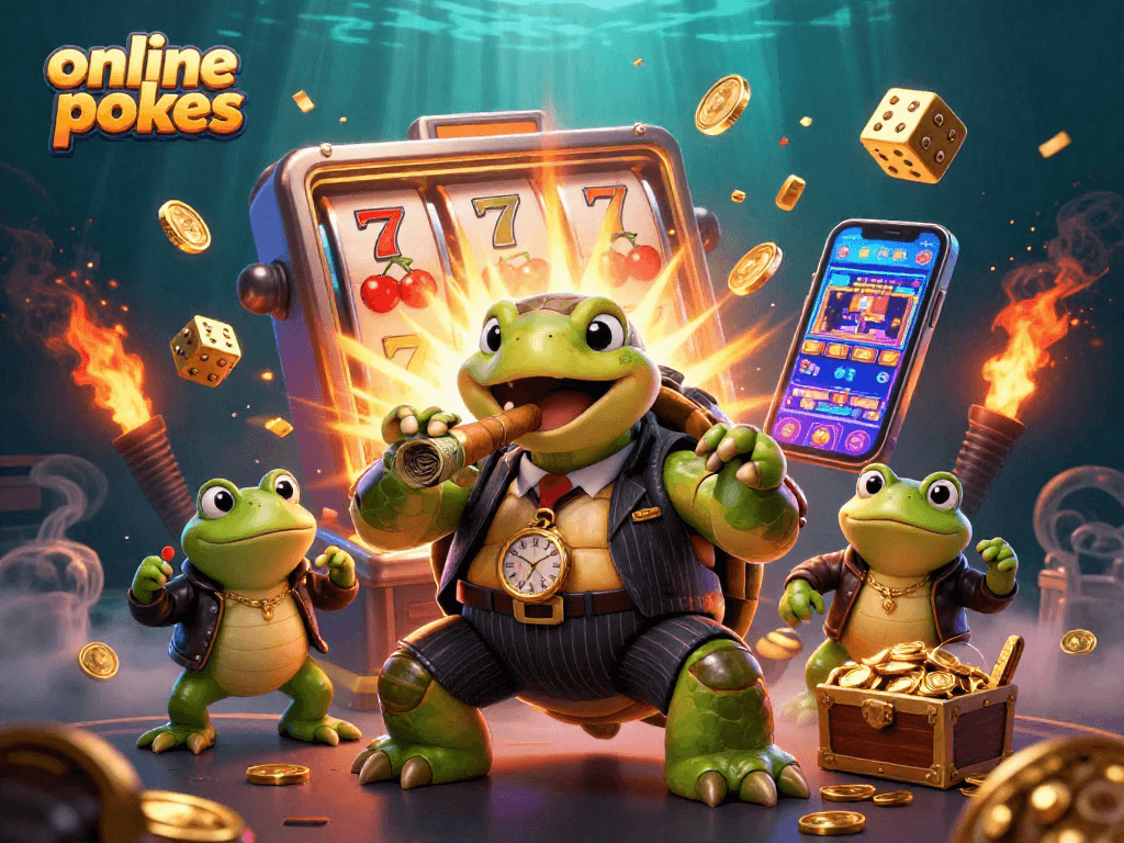 Engage with online pokies in a vivid scene featuring a turtle mobster and dynamic casino elements.