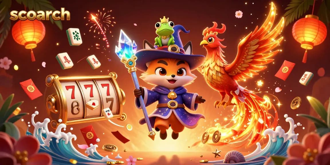 Immerse in scoarch's vibrant casino world, featuring a magical fox and phoenix among thrilling slot elements.