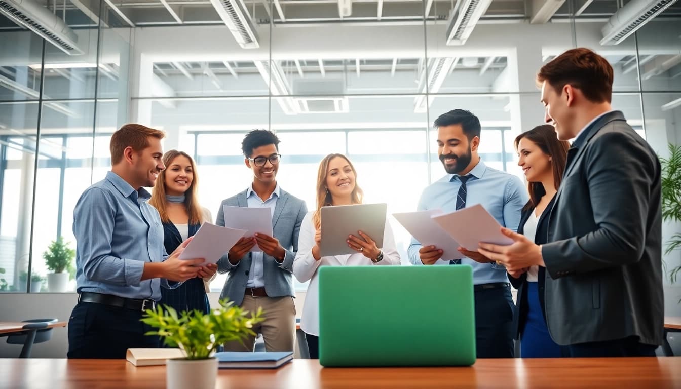 Engaging scene of sales recruiting services team collaborating effectively in a bright office.