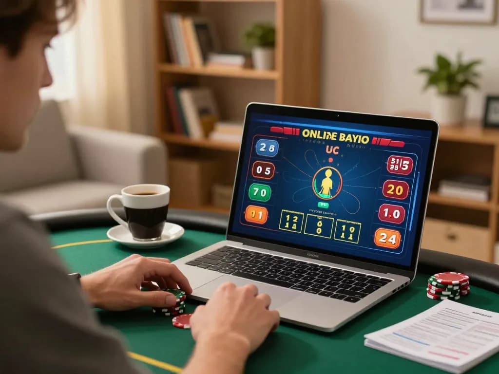 Player engages with link gacor online poker game on laptop, strategic atmosphere in cozy home setting.
