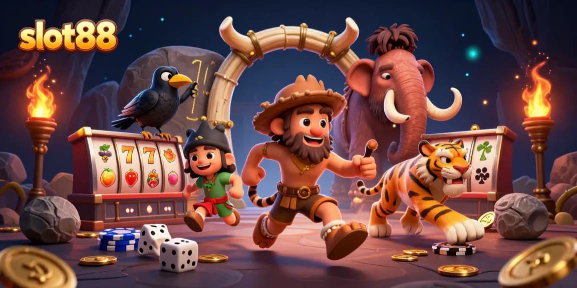 Engage with the thrilling slot88 game featuring a dynamic prehistoric casino scene with lucky symbols and vibrant characters.