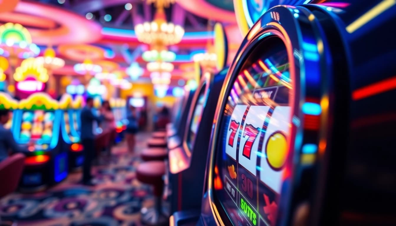 Menang di agen toto slot dengan mesin slot berwarna-warni dan suasana kasino yang meriah.