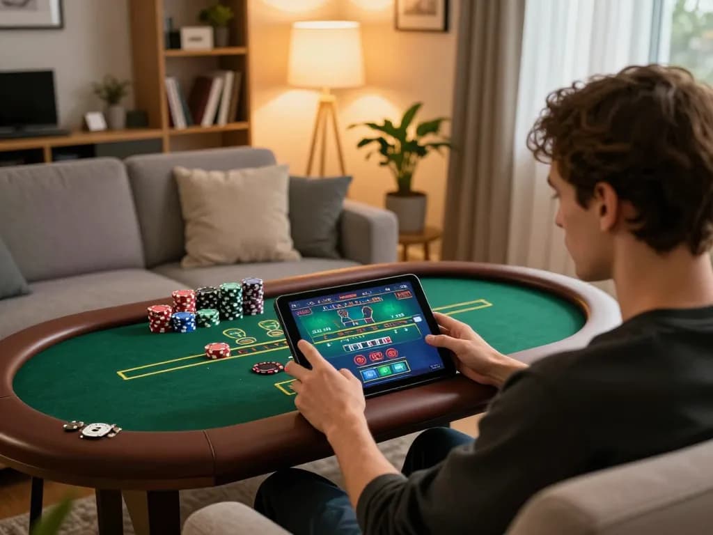 Engaging session on Trang chủ 79king with a player enjoying a live dealer game on tablet, cozy home ambiance.