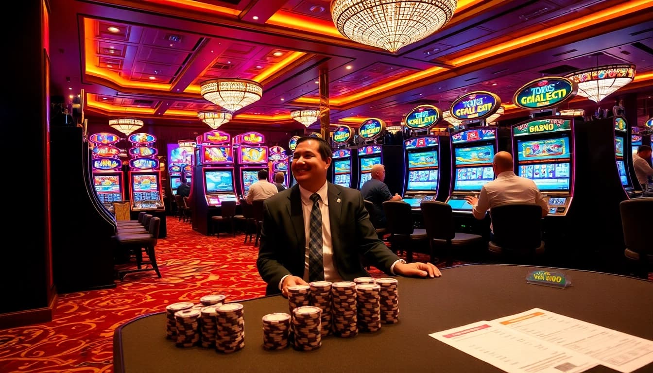 Engaging in a slot bet 100 at a luxurious casino with vibrant machines and excited players.