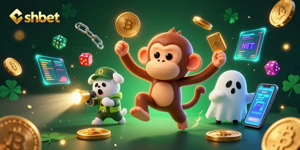 Experience the thrills of shbet with vibrant 3D illustration of casino excitement featuring a playful monkey and ghost-hunting puppy.