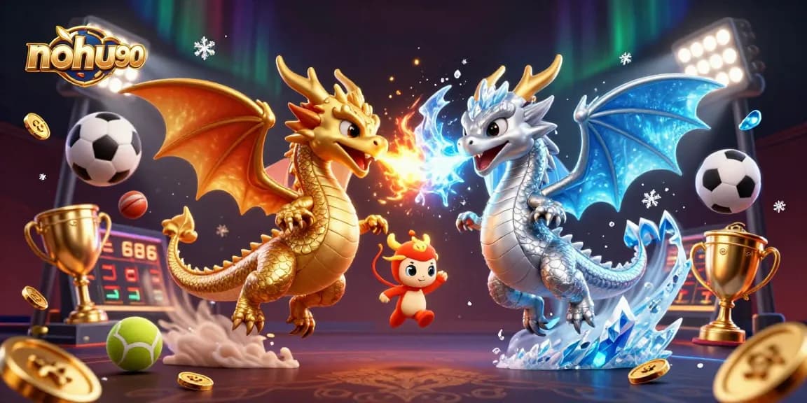 Nohu90 casino game scene featuring fierce twin dragons with sports elements and dynamic action