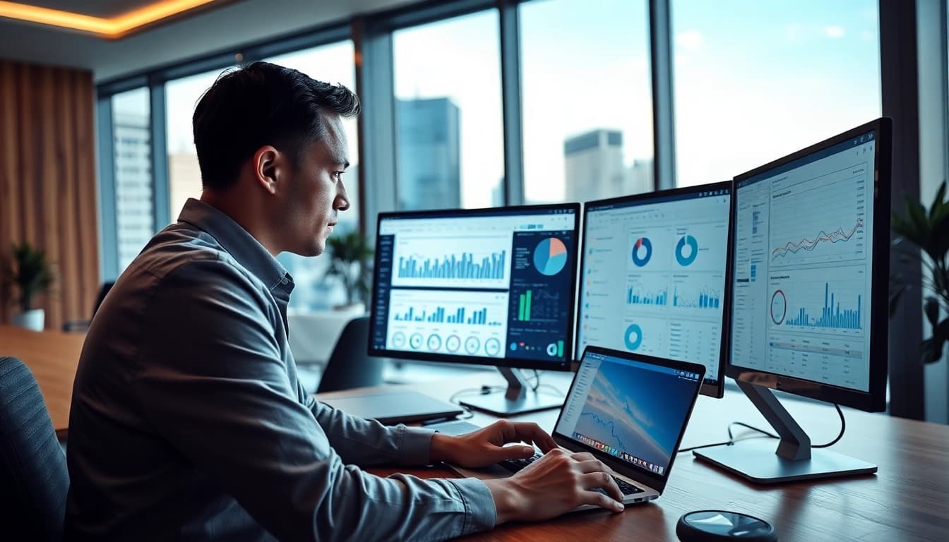 Scrape LinkedIn leads from search results in a professional office setting with an analyst at work.