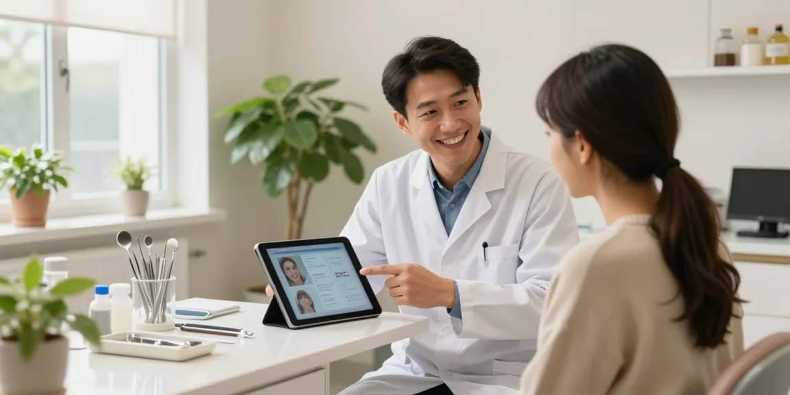 Discover more here, a dentist discussing treatment plans with a patient in a bright dental clinic.