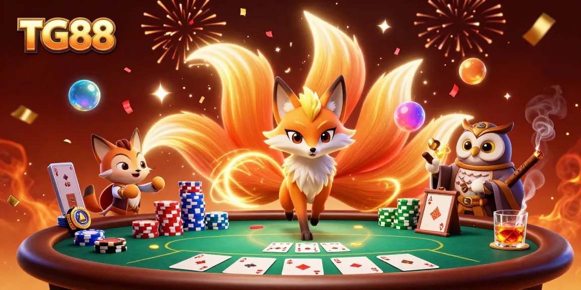 Engage thrillingly with TG88's vibrant gaming scene featuring a winning poker hand and colorful characters.