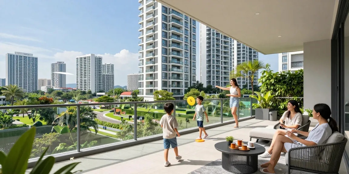 Tanjong Rhu Residences, a modern family enjoying the balcony view in a luxurious condo.