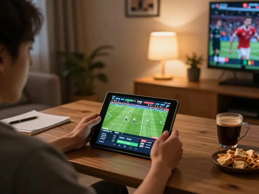 Kqbd hôm nay displayed on a tablet, highlighting live sports betting in a cozy home environment.