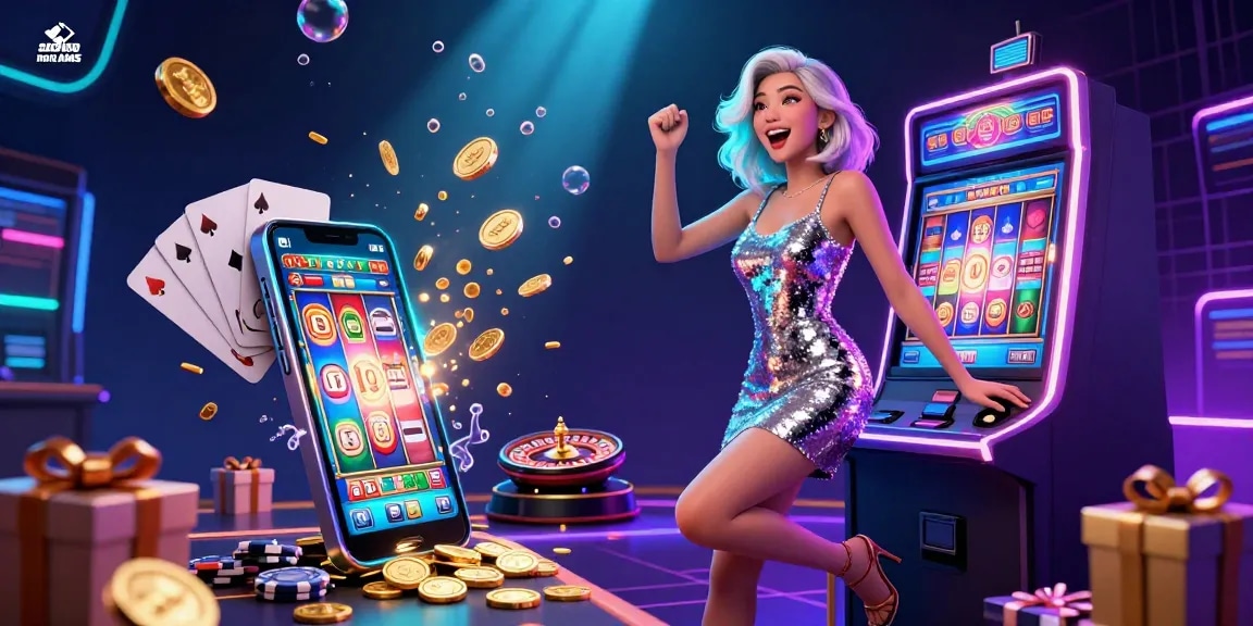 Siti casino non AAMS scena illustrata che mostra una vivace macchina da gioco e monete dorate che eruttano, catturando l'eccitazione del gioco d'azzardo online.