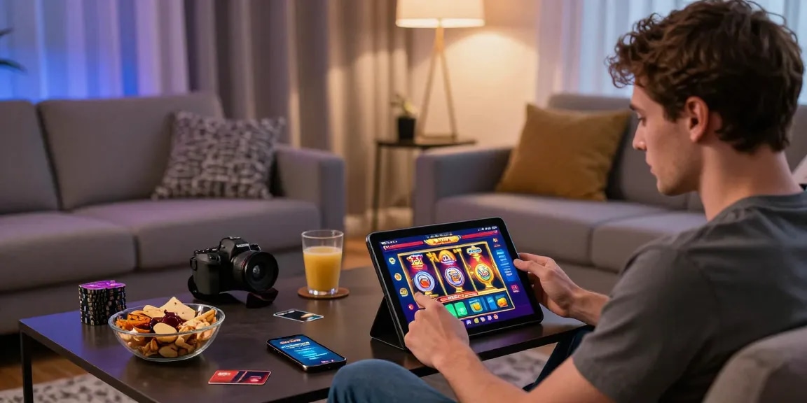 Excited player enjoying credit card casinos on a tablet in a cozy setting.