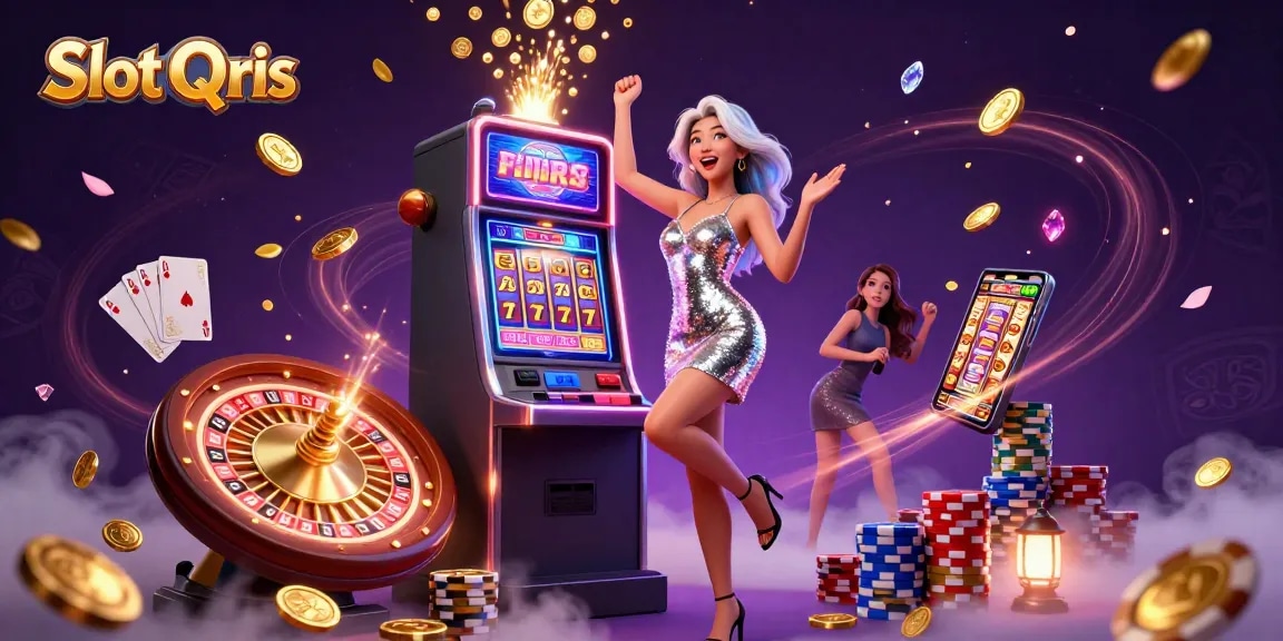 Engage in Slot Qris excitement with golden coins cascading from a jackpot machine amidst vibrant casino details.
