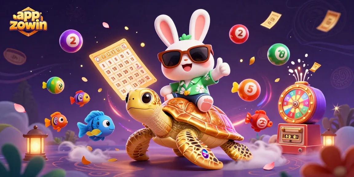 Join the fun with app zowin, featuring a lucky rabbit and a golden turtle amidst vibrant game elements.