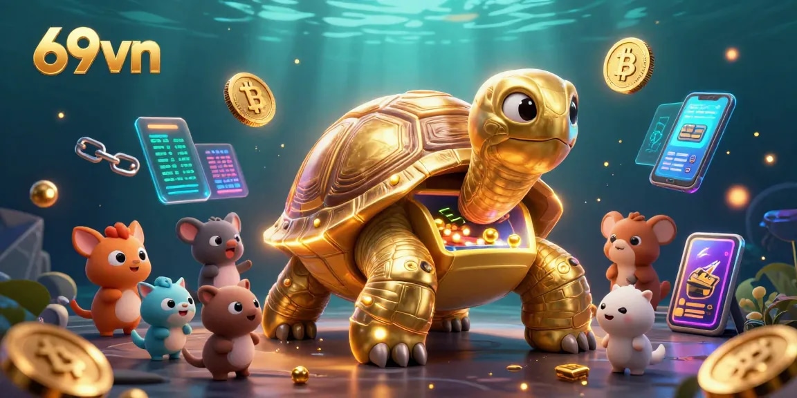 Engage with 69vn's thrilling casino experience featuring a golden tortoise pinball machine surrounded by crypto treasures.