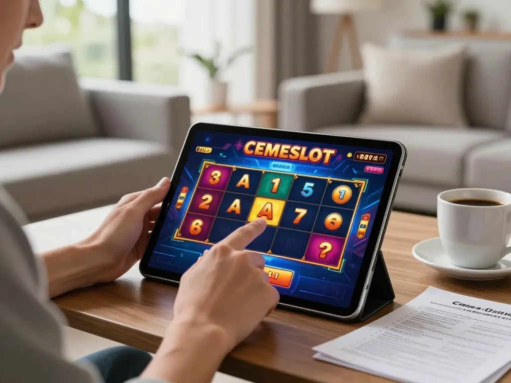 CEMESLOT player enjoying online gaming with colorful interface in a cozy living room.