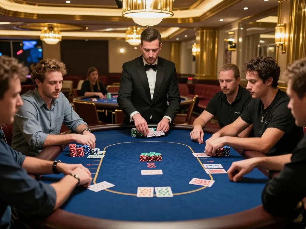 Players strategizing at a b52 poker table in an upscale casino, capturing the excitement of high-stakes gambling.
