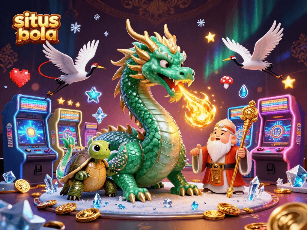 Engage with the exhilarating world of situs judi bola, featuring a jade dragon and lucky cranes in a dynamic casino scene.