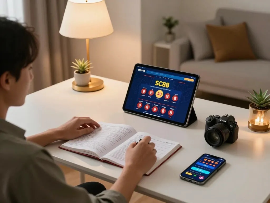Engaged user playing SC88 online casino app at home, highlighting strategic gambling environment
