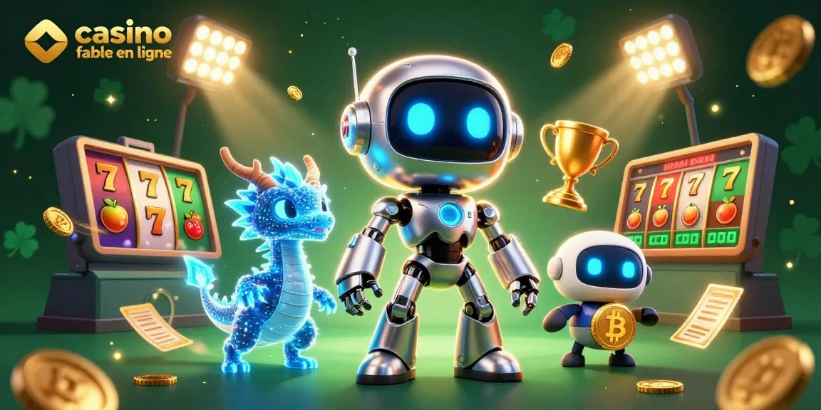 Vivez des gains au casino fiable en ligne avec une illustration 3D dynamique d'un robot cyberpunk et des éléments gagnants.