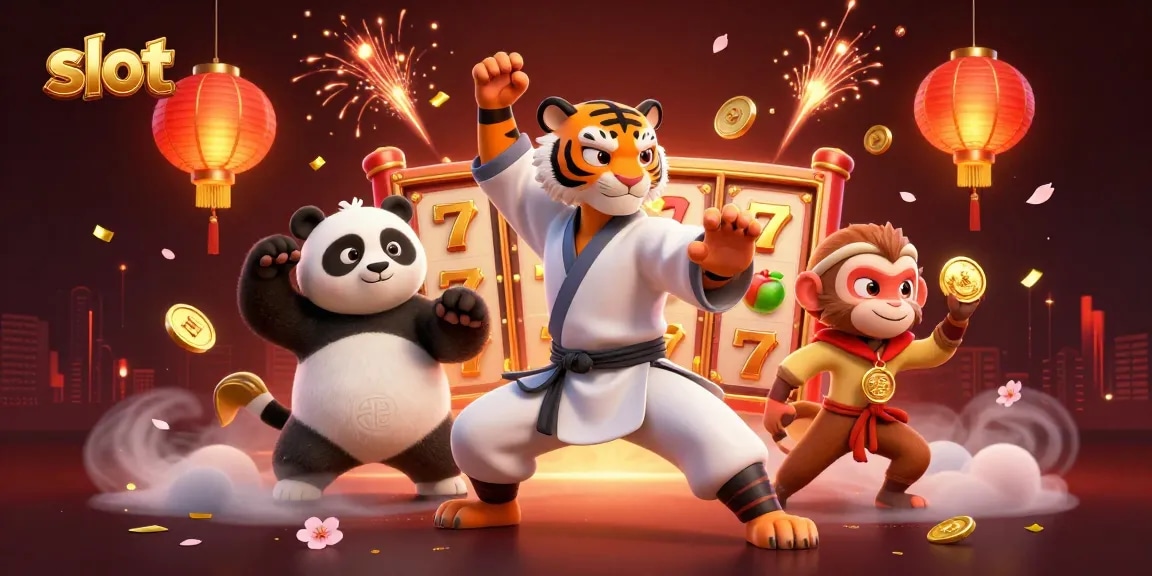 Engaging slot-themed scene with a kung fu tiger master and mischievous monkey student in action.