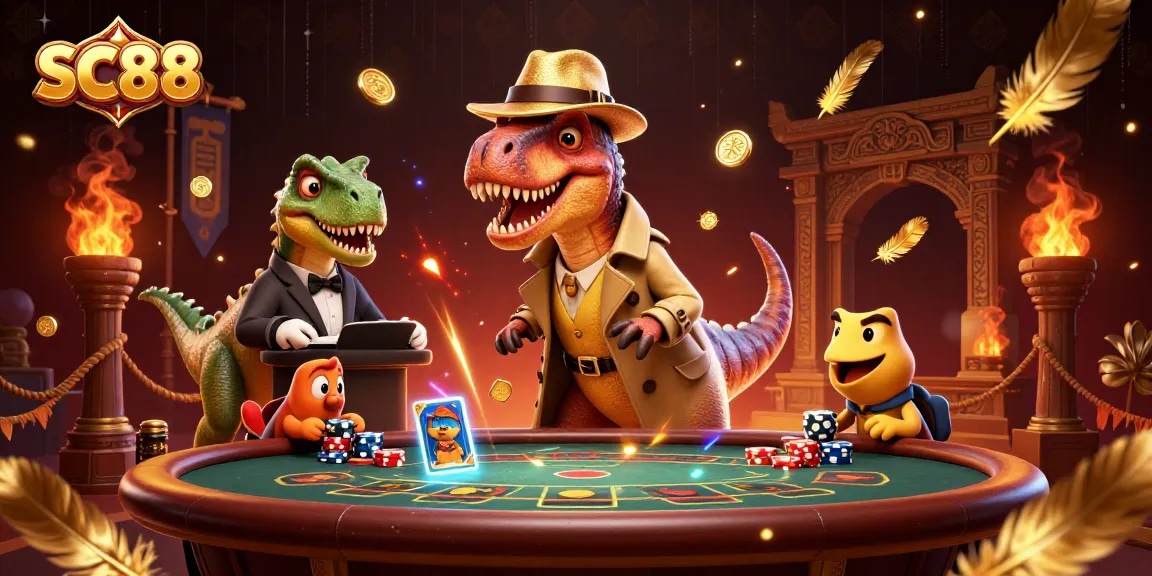SC88 captures a velociraptor card counter amidst a vibrant casino scene filled with dynamic elements.