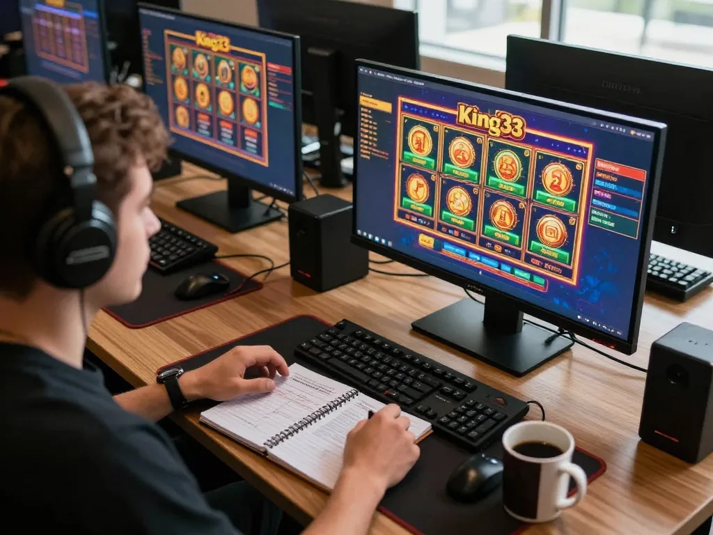 Engaged player experiencing king33 online casino games on multiple screens with vibrant graphics.