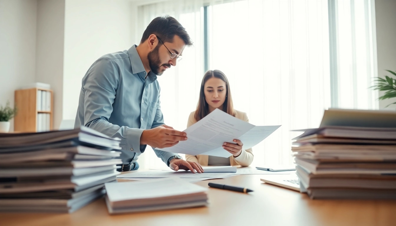 Consultant and client discussing contracts and grants in a bright office setting.