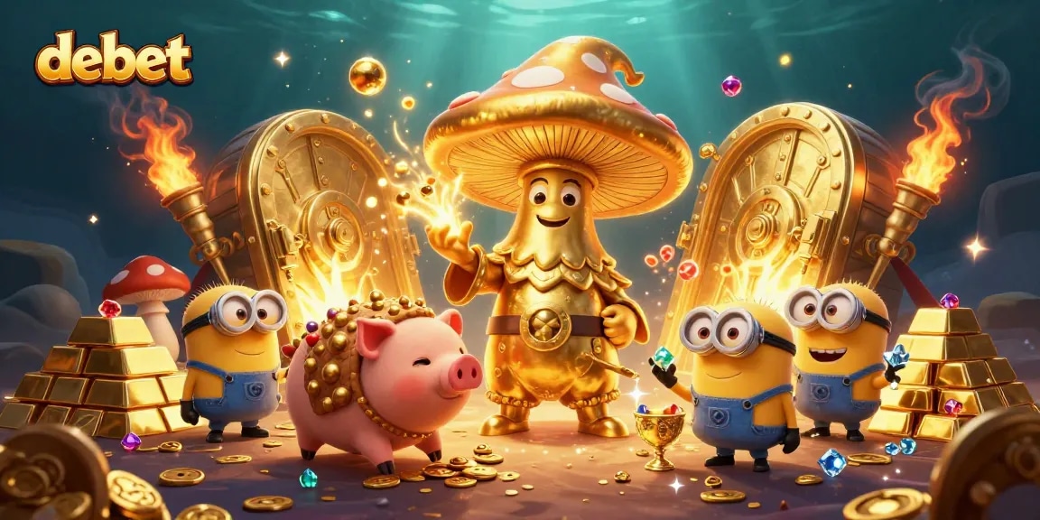 Experience the magic with debet in a vibrant 3D casino scene featuring golden treasures and mystical characters.