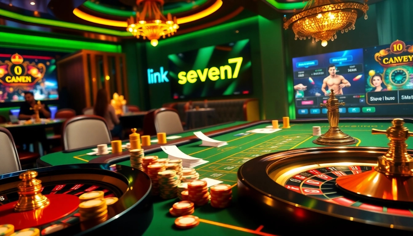 Enjoy a thrilling gaming experience with link seven77 at a vibrant casino table filled with poker chips and cards.