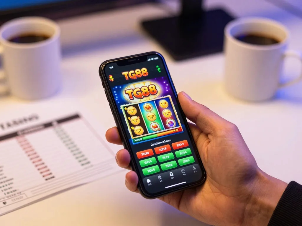 Engaging gameplay on tg88 casino app displayed on a smartphone, showcasing vibrant slot graphics.