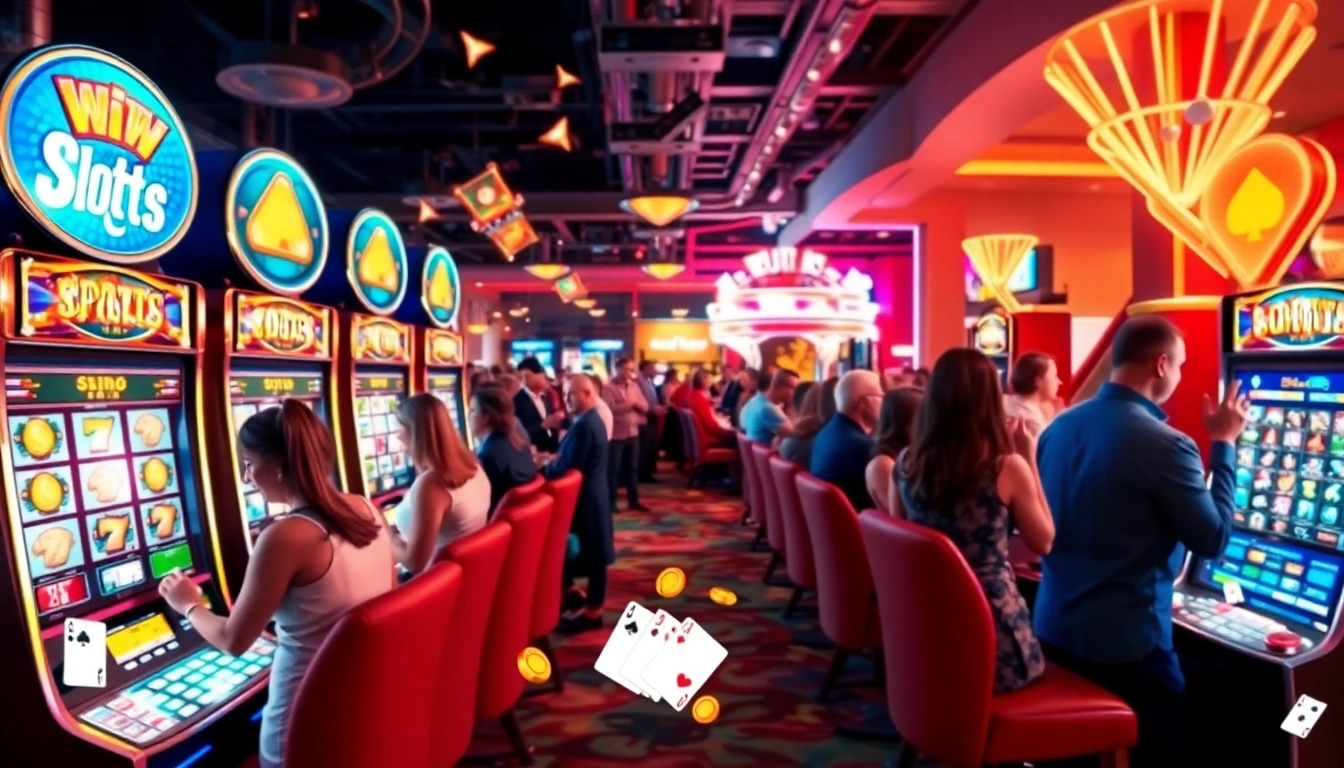 Permainan seru slot777 di kasino dengan pemain bersemangat dan mesin slot berwarna cerah.