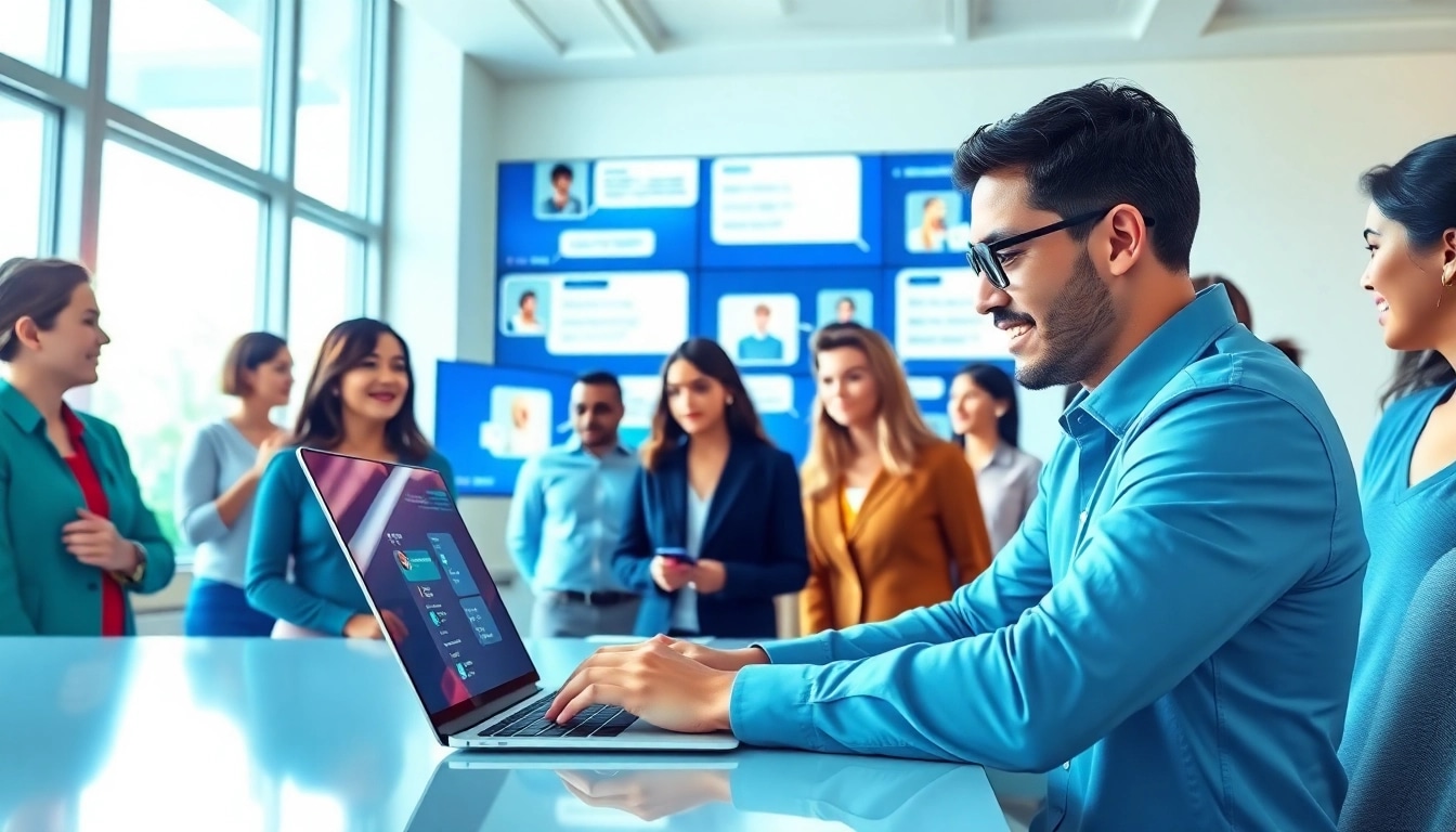 Engage with free ai chat platform in a modern office setting featuring diverse users and digital interfaces.