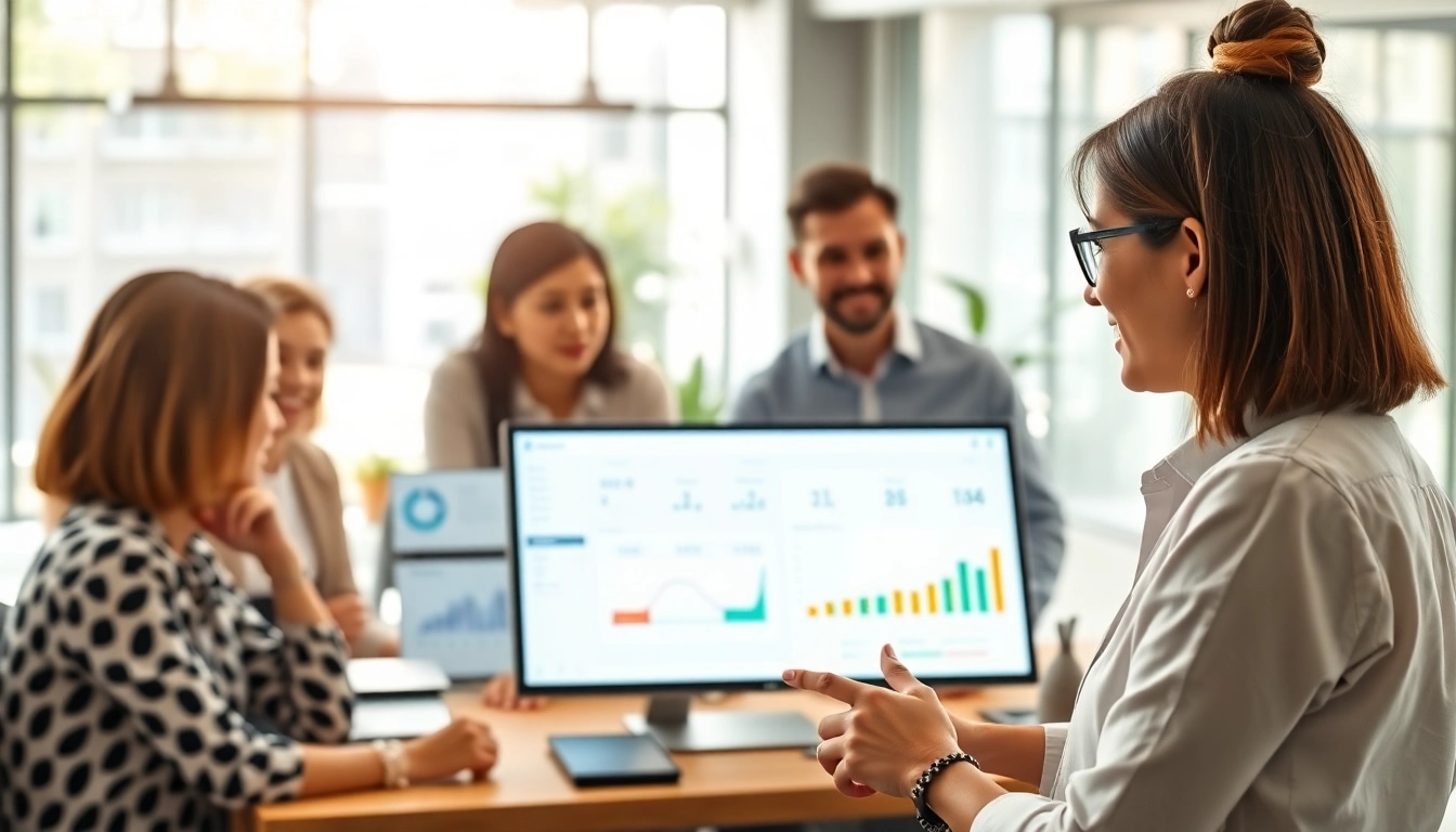 Engaged employees using an enterprise assistant for seamless collaboration in a bright office.