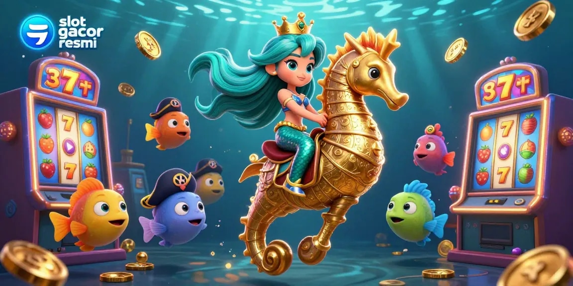 Celebrate wins with vibrant slot gacor resmi illustration showcasing a mermaid and giant seahorse amidst colorful gaming elements.