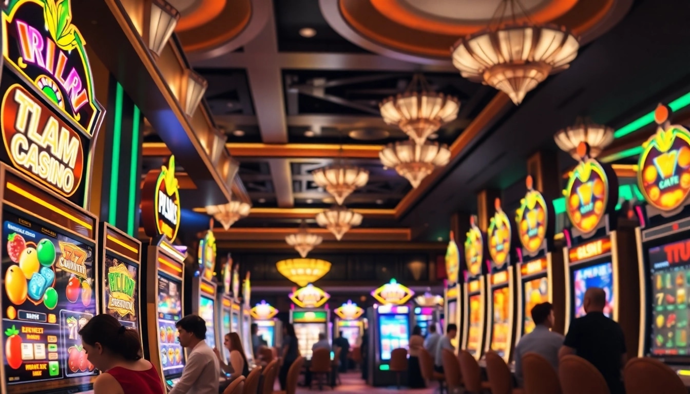 Experience the thrill of situs slot demo with players enjoying colorful slot machines in a lively casino setting.