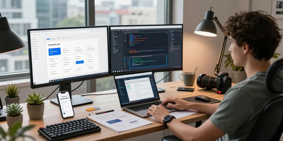 Web developer testing responsive designs on testresponsive.com in a modern workspace.