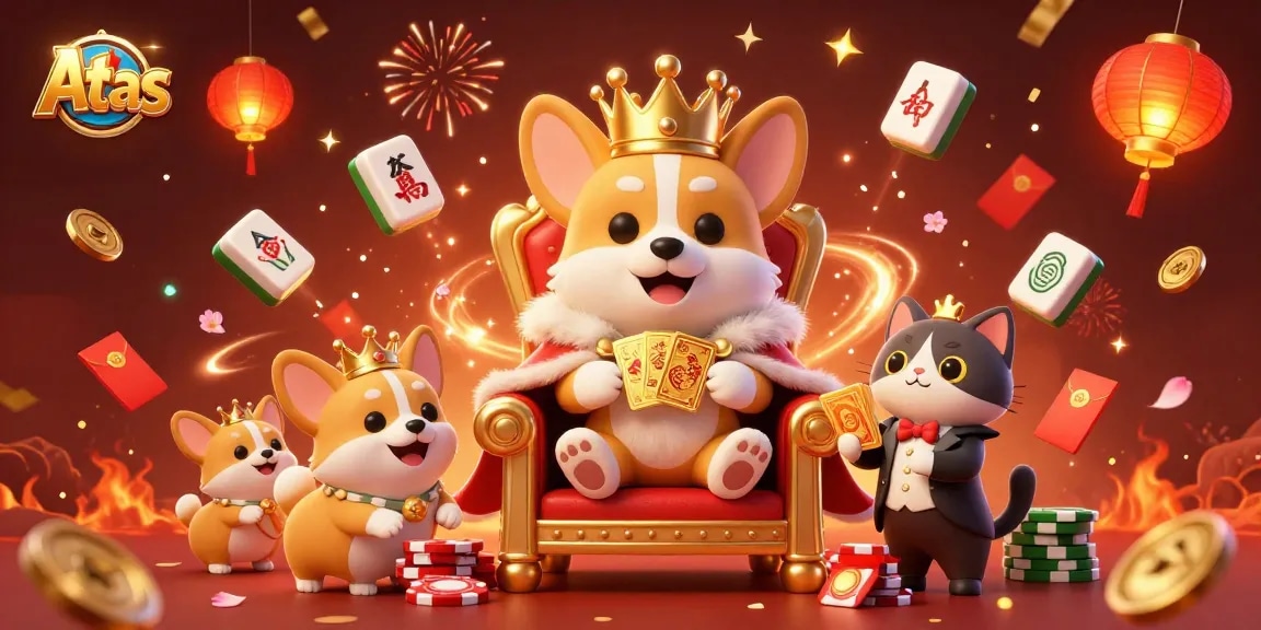 Engage with Atas Casino's vibrant ambiance featuring royal corgi, cards, and festive decorations.