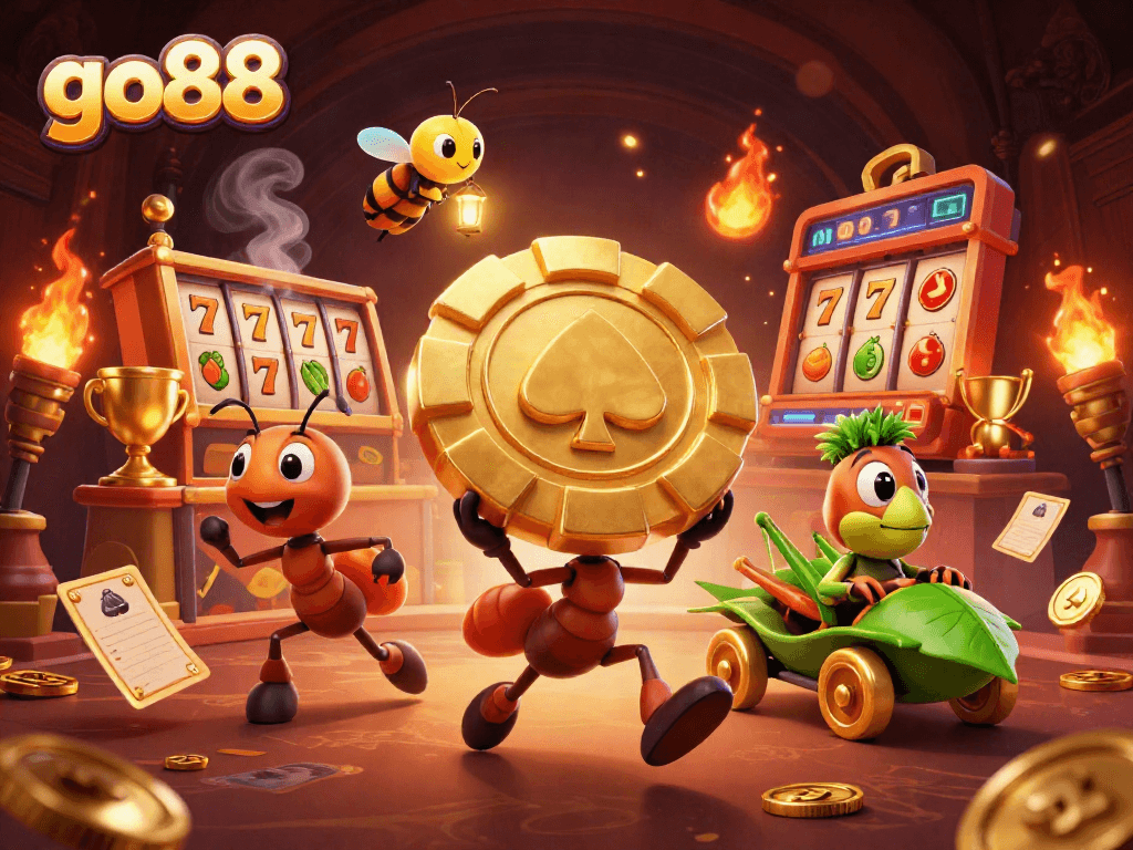 Engage with go88 slots through a thrilling heist scene led by cartoon ants in a vibrant casino.