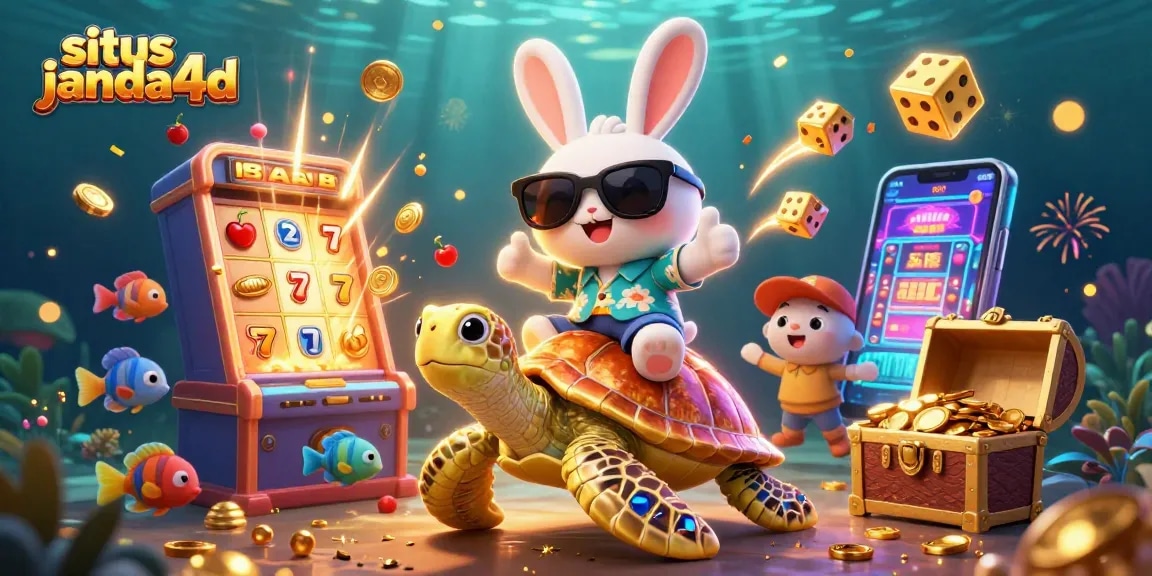 Situs janda4d menghadirkan keseruan jackpot dengan kelinci beruntung dan kura-kura emas di grafik kasino yang penuh warna.