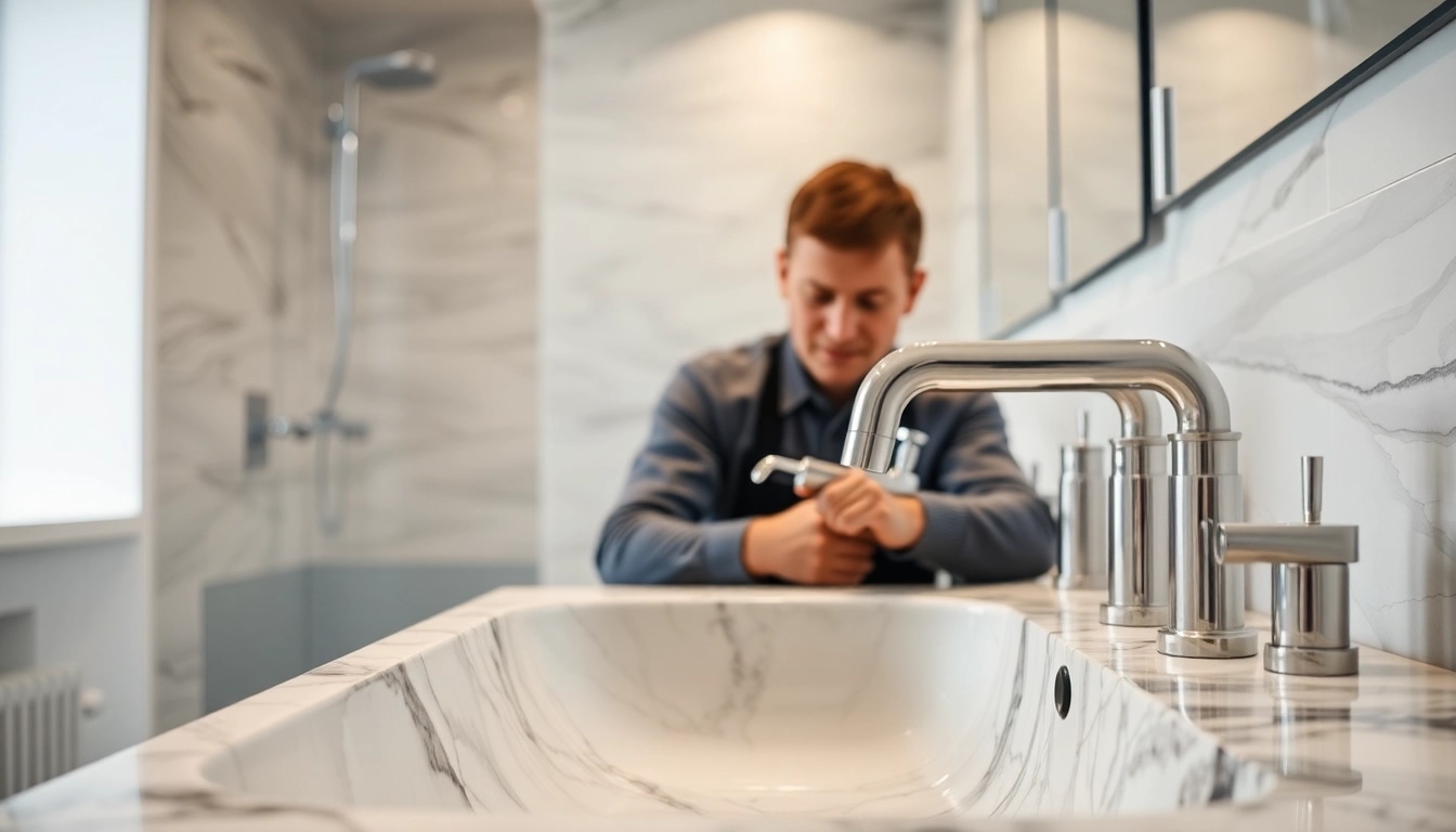 Technician demonstrating quality work by sonni sanitär GmbH in a modern bathroom setup.