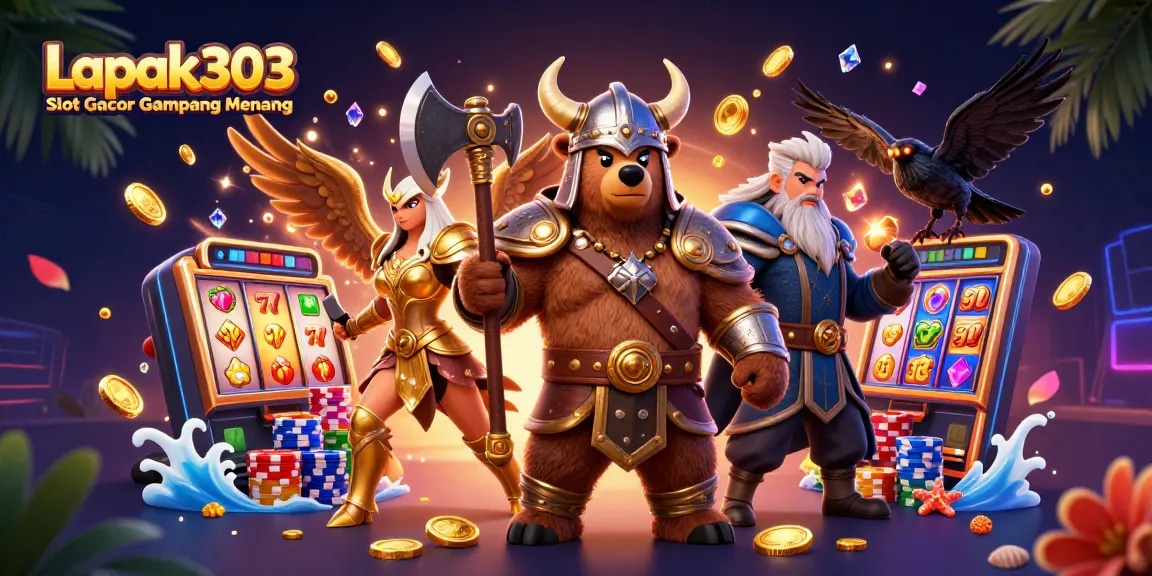 Spin and win with Lapak303 Slot Gacor Gampang Menang, featuring dynamic slot reels and vivid characters.